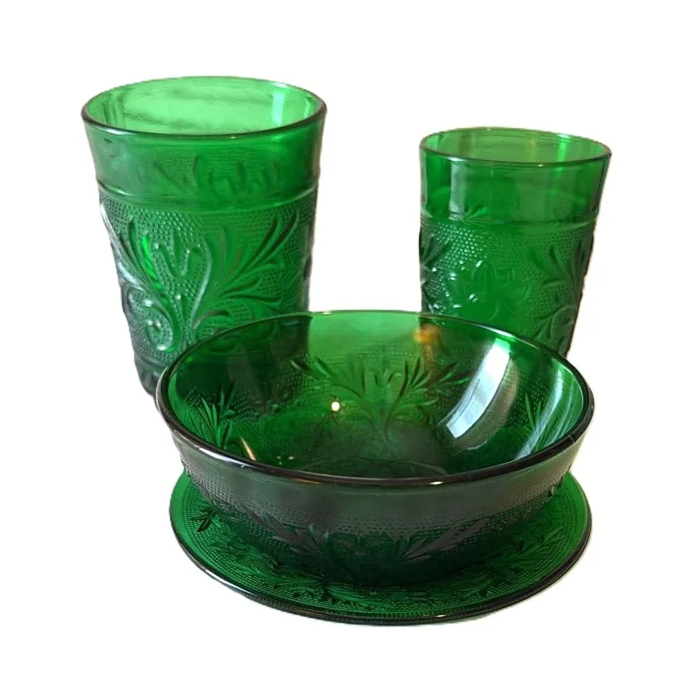 Tiara Anchor Hocking Glass Set 4pc Green Vintage Sandwich Fruit Dessert Pattern
